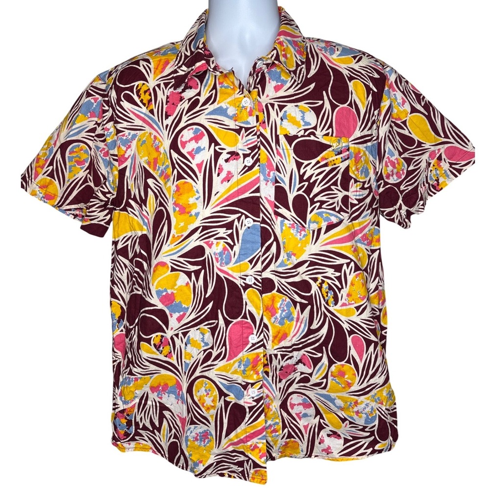 D'IYANU Mens Multicolor Abstract Print Cotton Short Sleeve Button Up Shirt Sz L